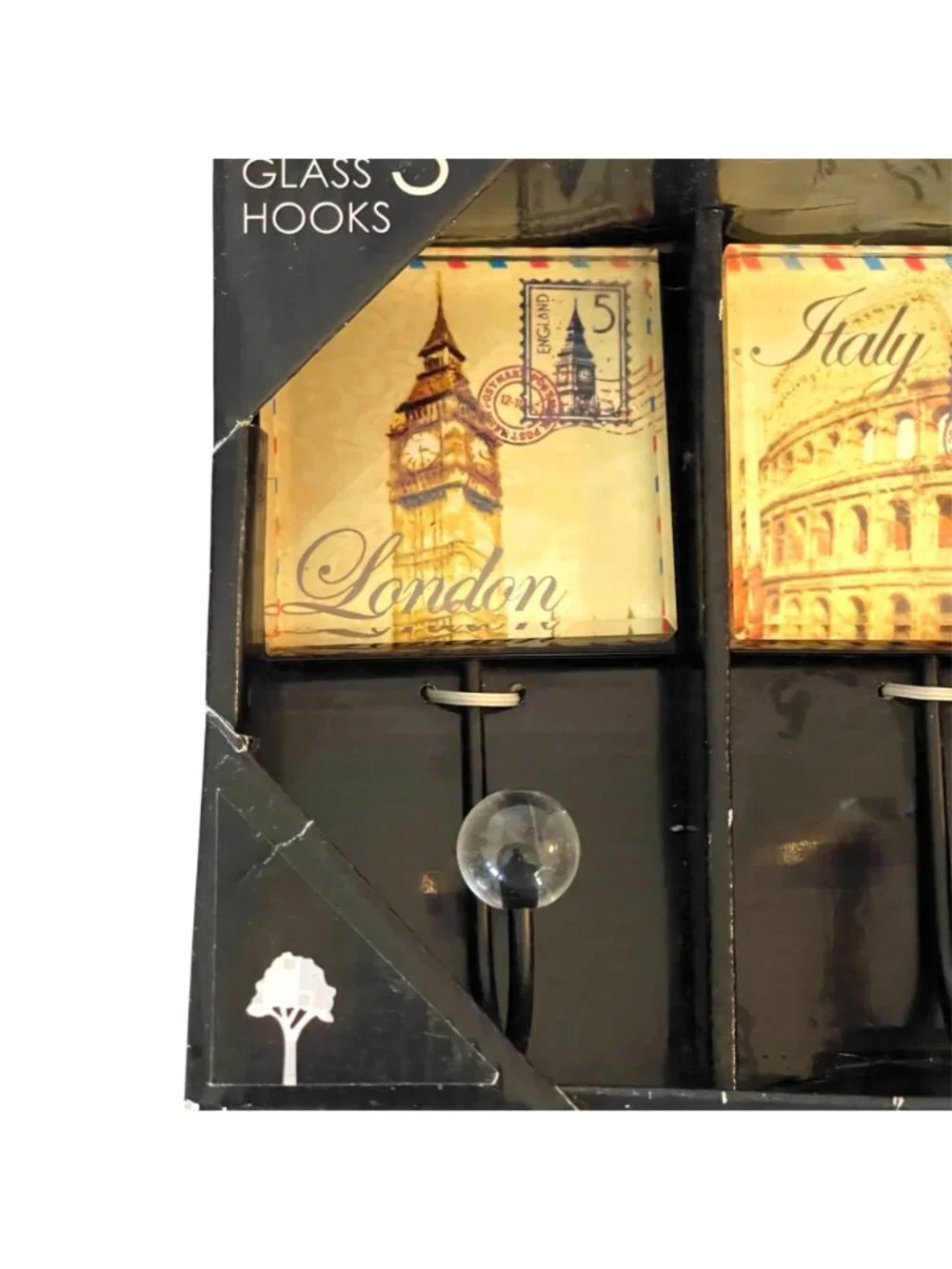 Studio 5 Decorative Glass Wall Hook Set 3 Vintage London Italy Paris New In Box